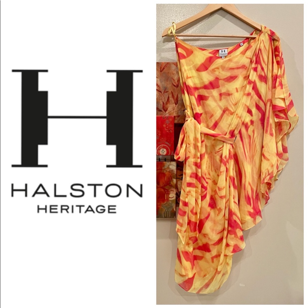 NWT Halston Heritage Orange silk one shoulder ruffle belted handkerchief hem